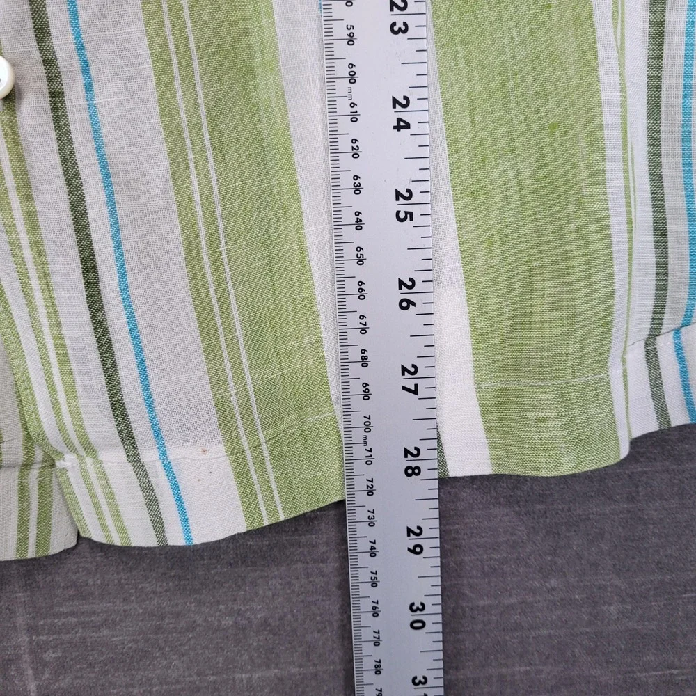 Banana Republic Mens Med Green White Blue Striped 100% Linen Short Sleeve Shirt